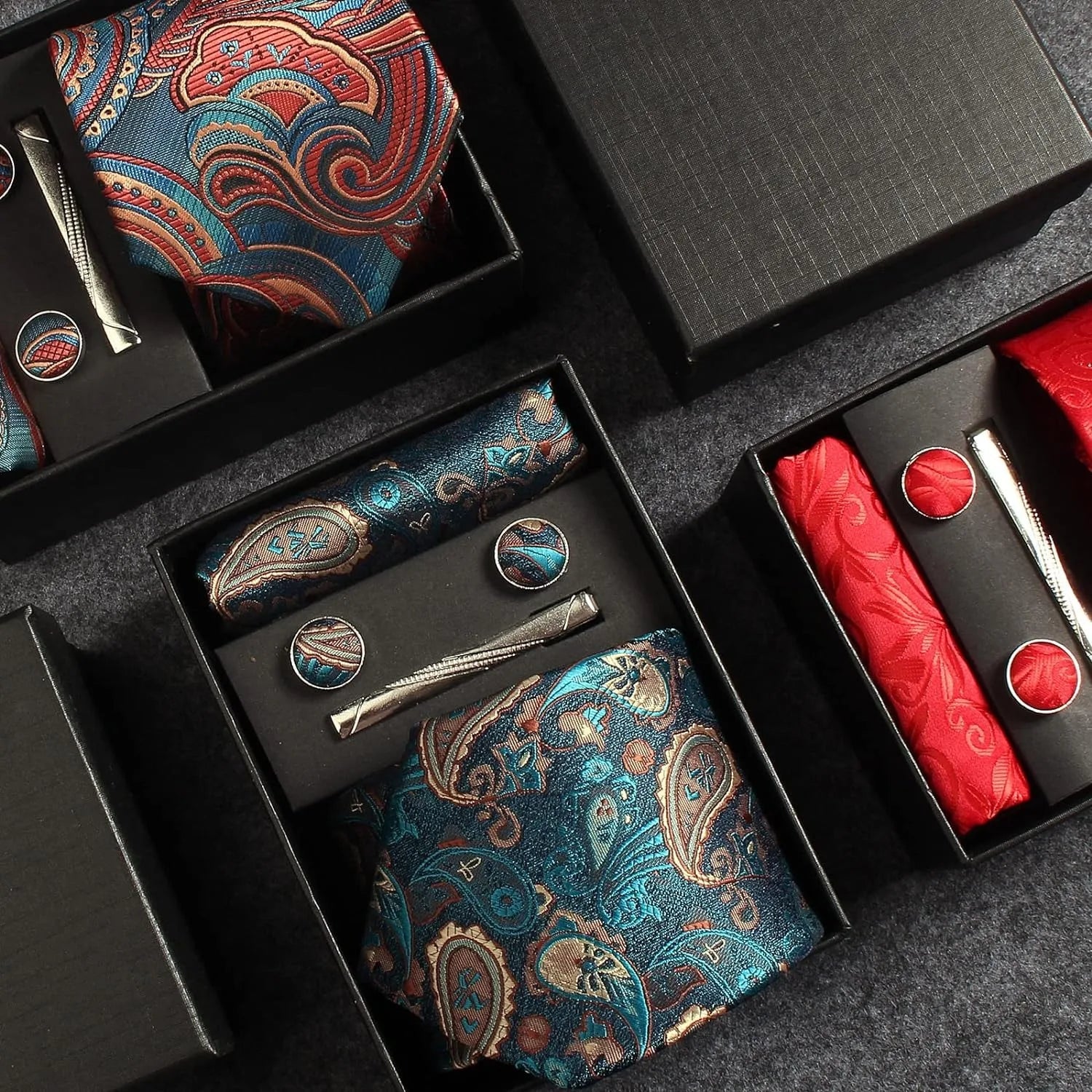 100% Silk Necktie Paisley Floral Mens Tie Top Quality Business Tie Pocket Square Tie Clip Cufflinks Set Classic For Men Gift Box - Luzilly Bridal & Apparel