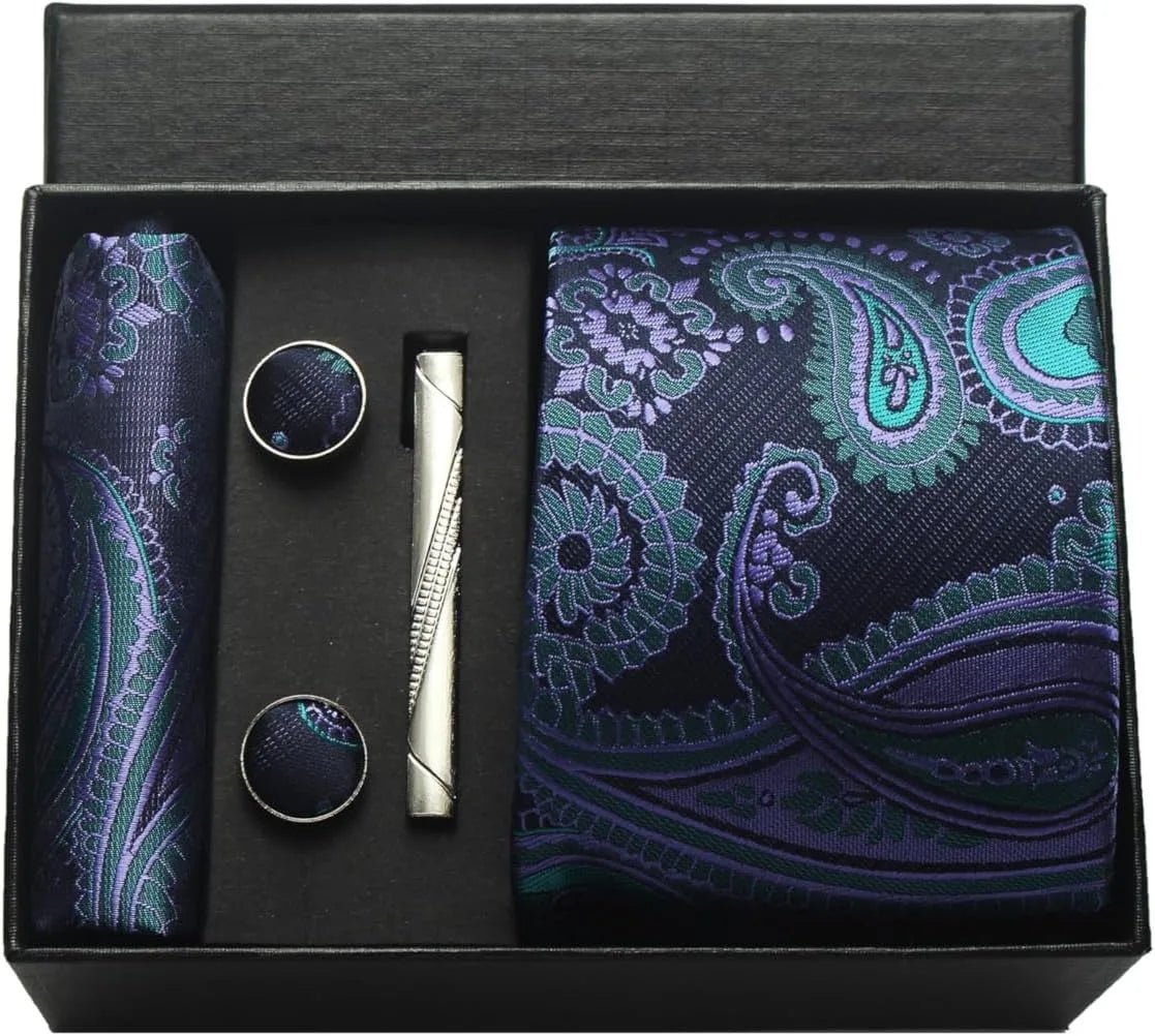 100% Silk Necktie Paisley Floral Mens Tie Top Quality Business Tie Pocket Square Tie Clip Cufflinks Set Classic For Men Gift Box - Luzilly Bridal & Apparel