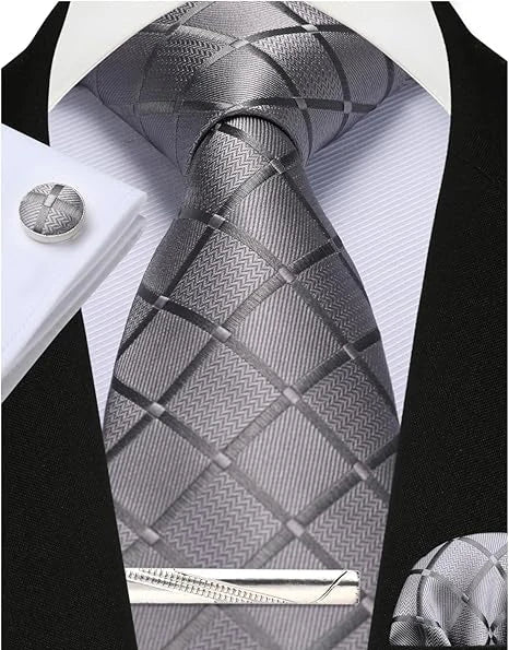 100% Silk Ties for Men Plaid & Checks Tie Clip Handkerchief Woven Classic Men's Necktie Pocket Square Set Formal Wedding Ties - Luzilly Bridal & Apparel