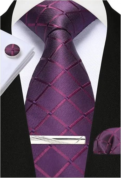100% Silk Ties for Men Plaid & Checks Tie Clip Handkerchief Woven Classic Men's Necktie Pocket Square Set Formal Wedding Ties - Luzilly Bridal & Apparel