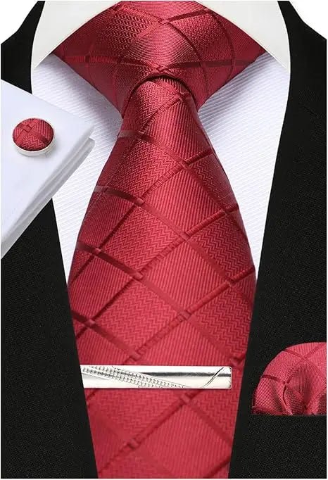 100% Silk Ties for Men Plaid & Checks Tie Clip Handkerchief Woven Classic Men's Necktie Pocket Square Set Formal Wedding Ties - Luzilly Bridal & Apparel