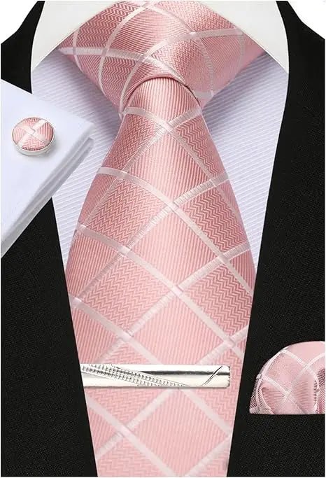 100% Silk Ties for Men Plaid & Checks Tie Clip Handkerchief Woven Classic Men's Necktie Pocket Square Set Formal Wedding Ties - Luzilly Bridal & Apparel