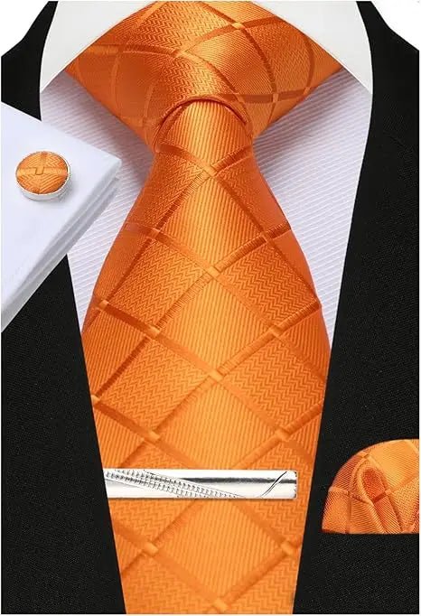 100% Silk Ties for Men Plaid & Checks Tie Clip Handkerchief Woven Classic Men's Necktie Pocket Square Set Formal Wedding Ties - Luzilly Bridal & Apparel