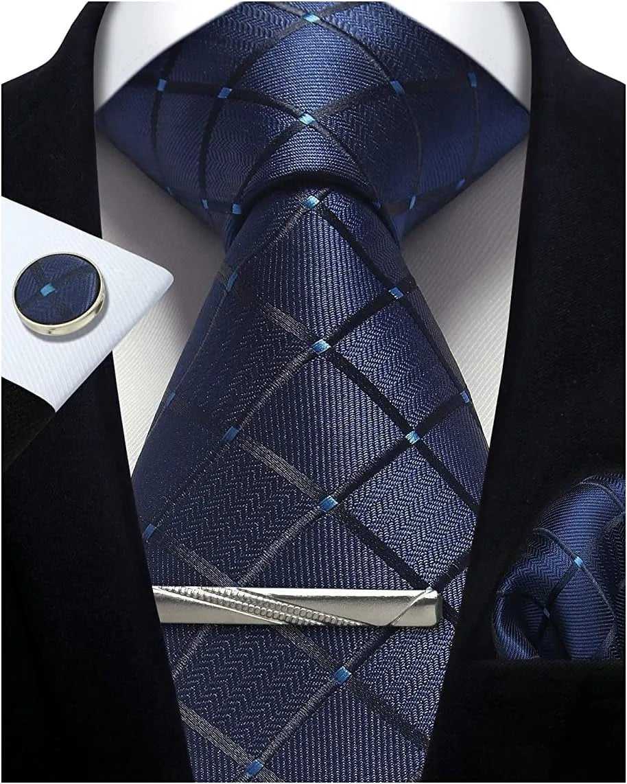 100% Silk Ties for Men Plaid & Checks Tie Clip Handkerchief Woven Classic Men's Necktie Pocket Square Set Formal Wedding Ties - Luzilly Bridal & Apparel