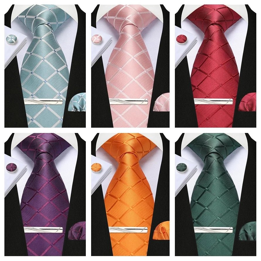 100% Silk Ties for Men Plaid & Checks Tie Clip Handkerchief Woven Classic Men's Necktie Pocket Square Set Formal Wedding Ties - Luzilly Bridal & Apparel