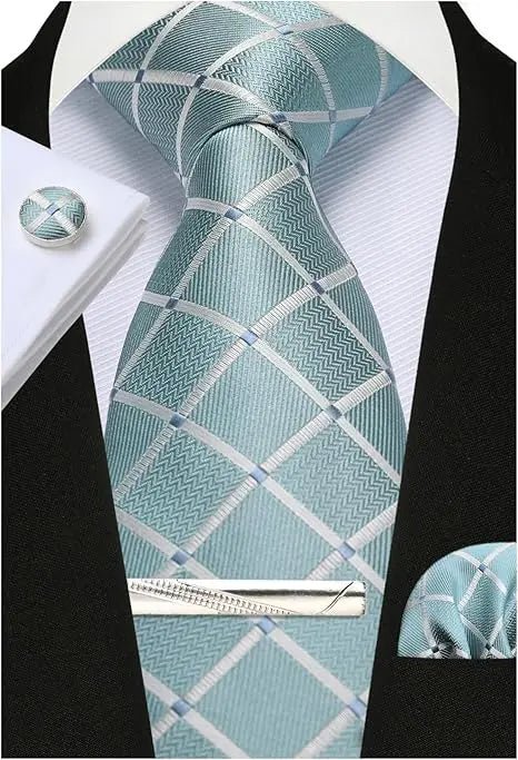100% Silk Ties for Men Plaid & Checks Tie Clip Handkerchief Woven Classic Men's Necktie Pocket Square Set Formal Wedding Ties - Luzilly Bridal & Apparel
