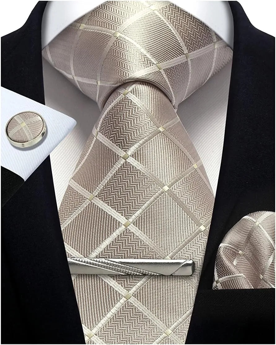 100% Silk Ties for Men Plaid & Checks Tie Clip Handkerchief Woven Classic Men's Necktie Pocket Square Set Formal Wedding Ties - Luzilly Bridal & Apparel