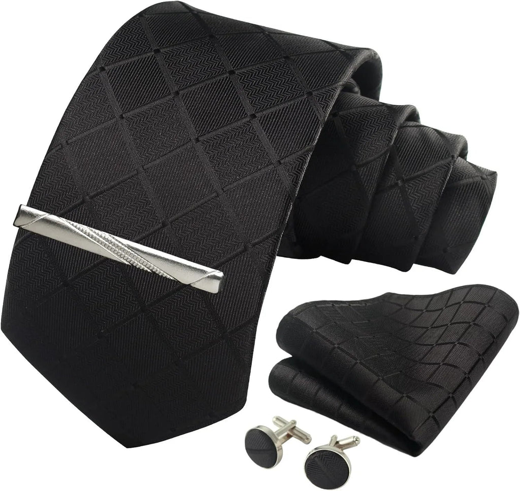 100% Silk Ties for Men Plaid & Checks Tie Clip Handkerchief Woven Classic Men's Necktie Pocket Square Set Formal Wedding Ties - Luzilly Bridal & Apparel