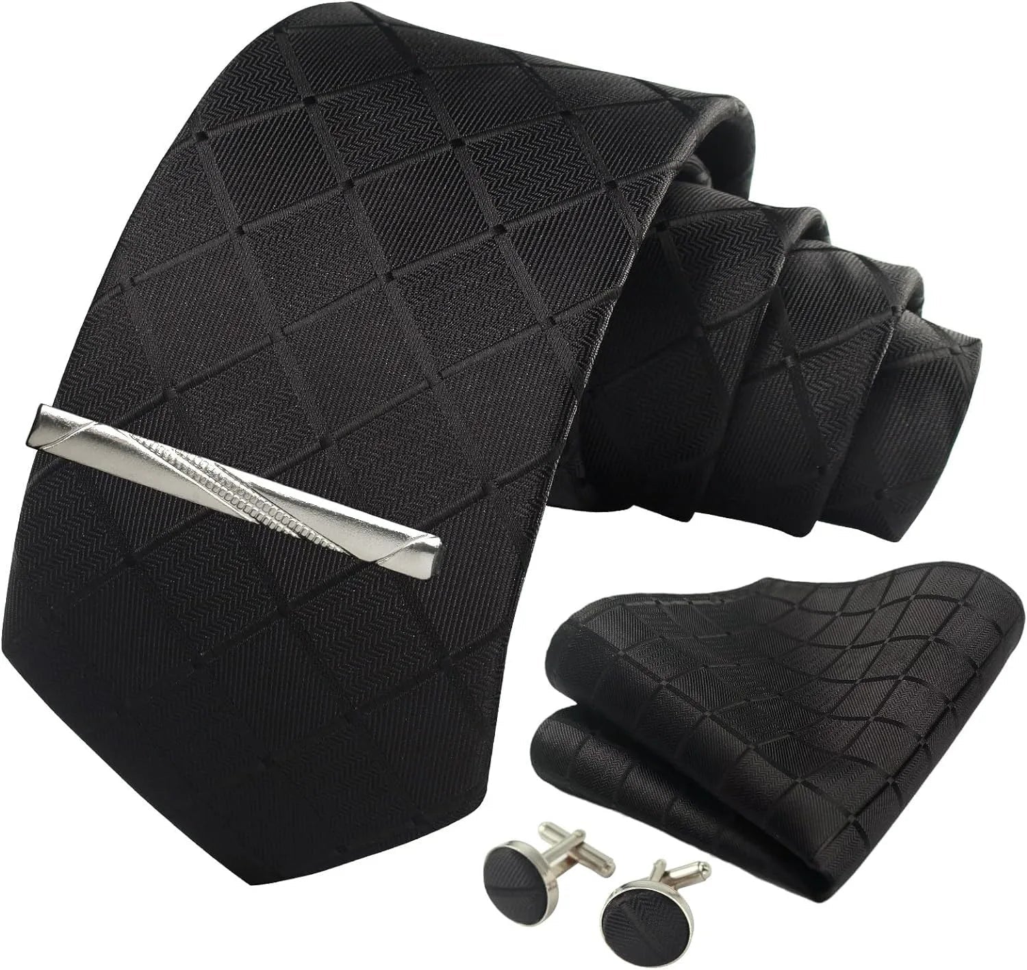 100% Silk Ties for Men Plaid & Checks Tie Clip Handkerchief Woven Classic Men's Necktie Pocket Square Set Formal Wedding Ties - Luzilly Bridal & Apparel