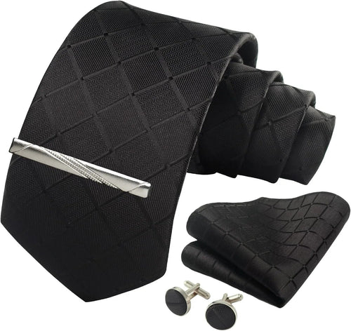 100% Silk Ties for Men Plaid & Checks Tie Clip Handkerchief Woven Classic Men's Necktie Pocket Square Set Formal Wedding Ties - Luzilly Bridal & Apparel
