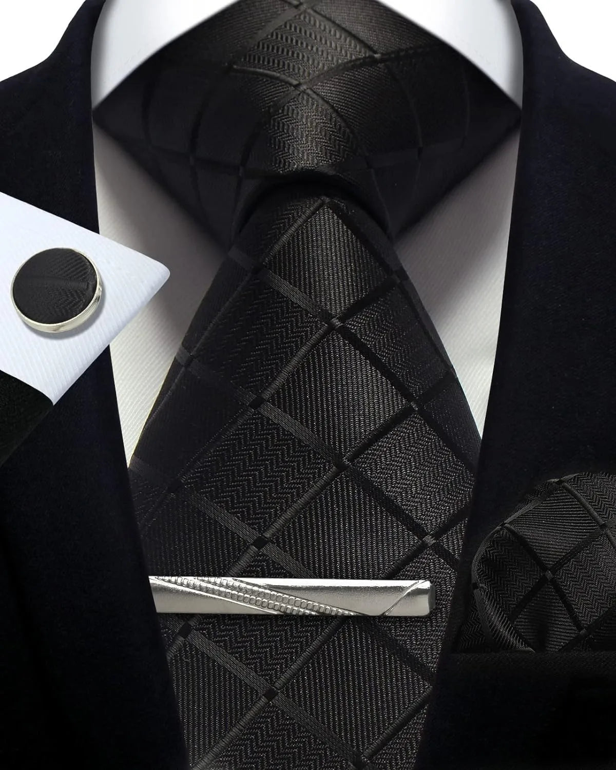 100% Silk Ties for Men Plaid & Checks Tie Clip Handkerchief Woven Classic Men's Necktie Pocket Square Set Formal Wedding Ties - Luzilly Bridal & Apparel