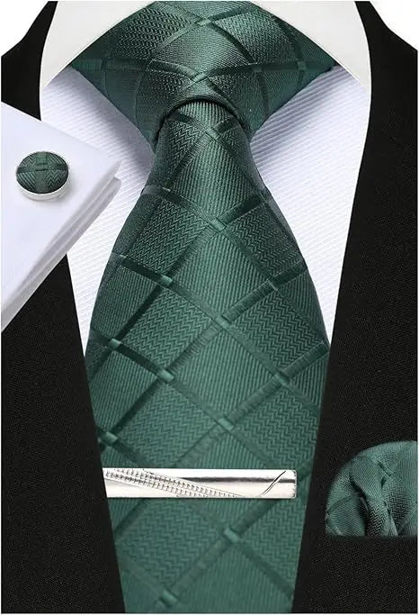 100% Silk Ties for Men Plaid & Checks Tie Clip Handkerchief Woven Classic Men's Necktie Pocket Square Set Formal Wedding Ties - Luzilly Bridal & Apparel