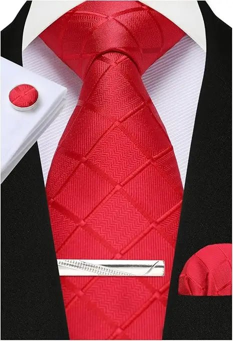 100% Silk Ties for Men Plaid & Checks Tie Clip Handkerchief Woven Classic Men's Necktie Pocket Square Set Formal Wedding Ties - Luzilly Bridal & Apparel