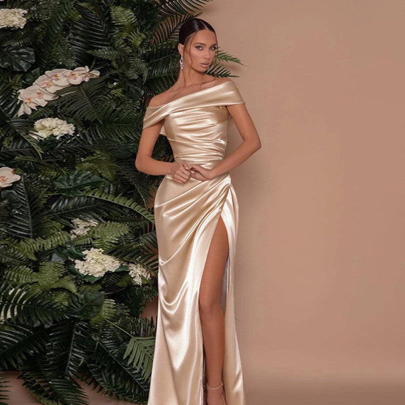 Off-Shoulder Satin Gown with Slit