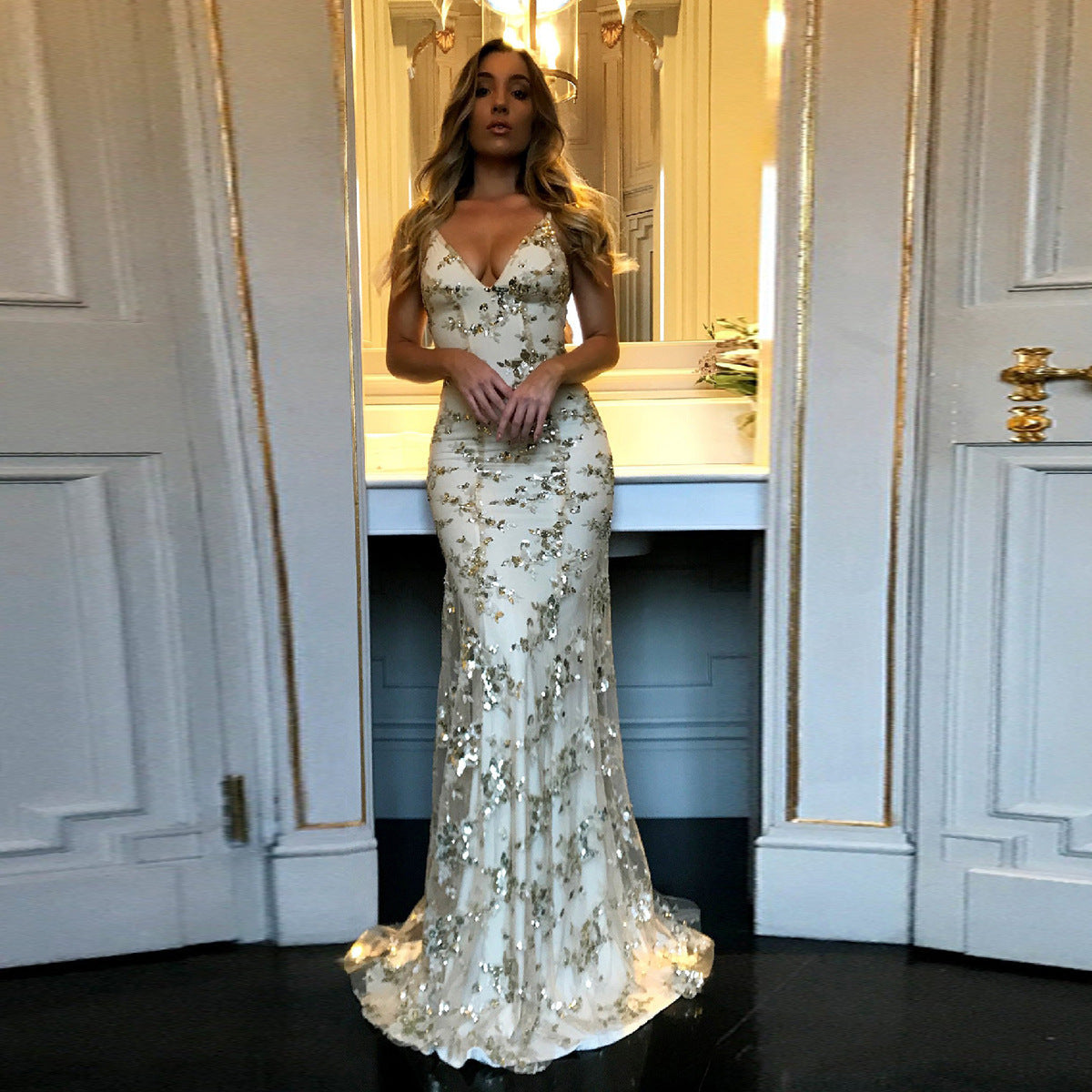 Sequin Gauze Backless Trailing Dress