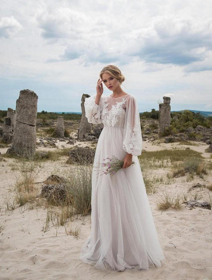 Puff-Sleeve Mesh Embroidered Wedding Dress