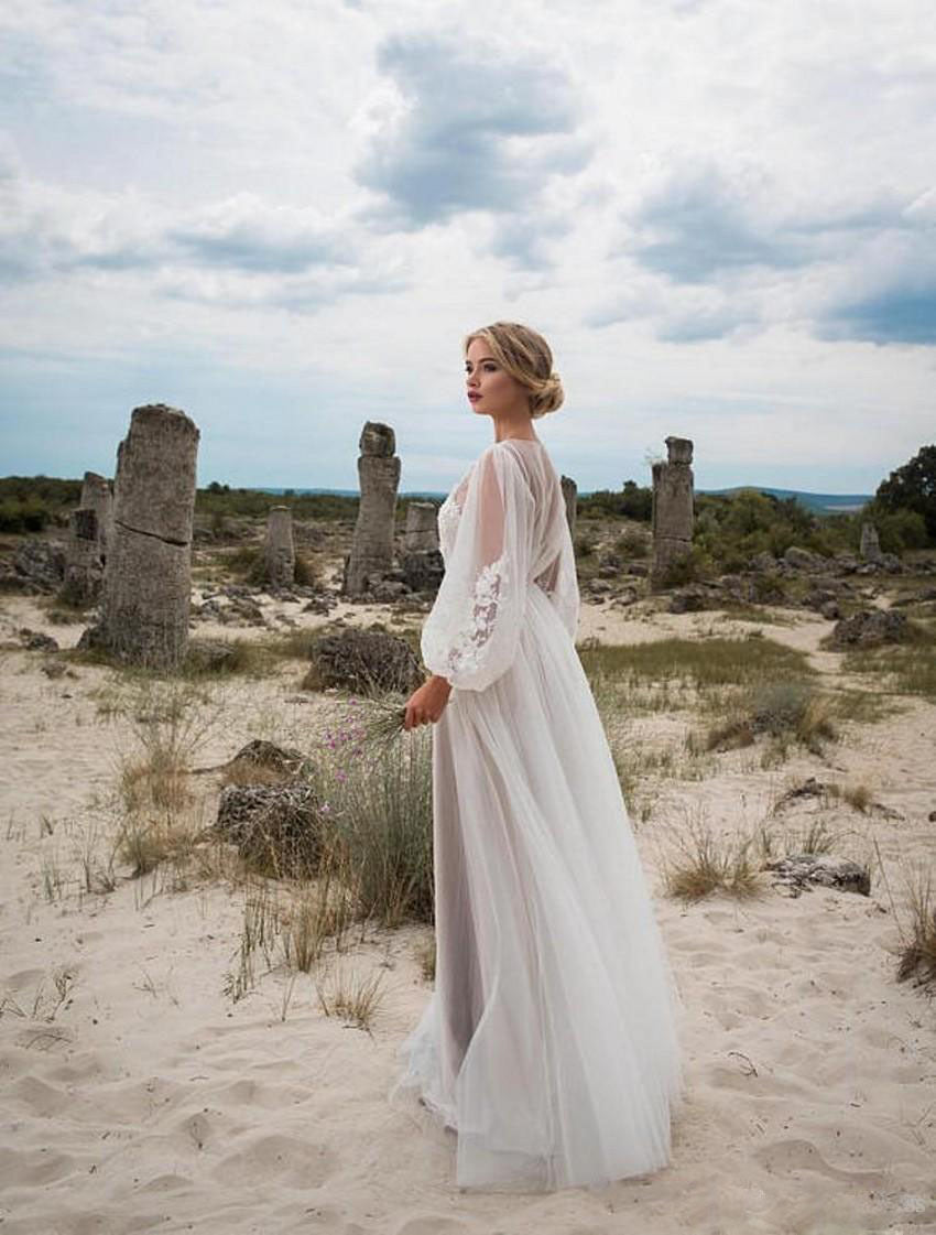 Puff-Sleeve Mesh Embroidered Wedding Dress