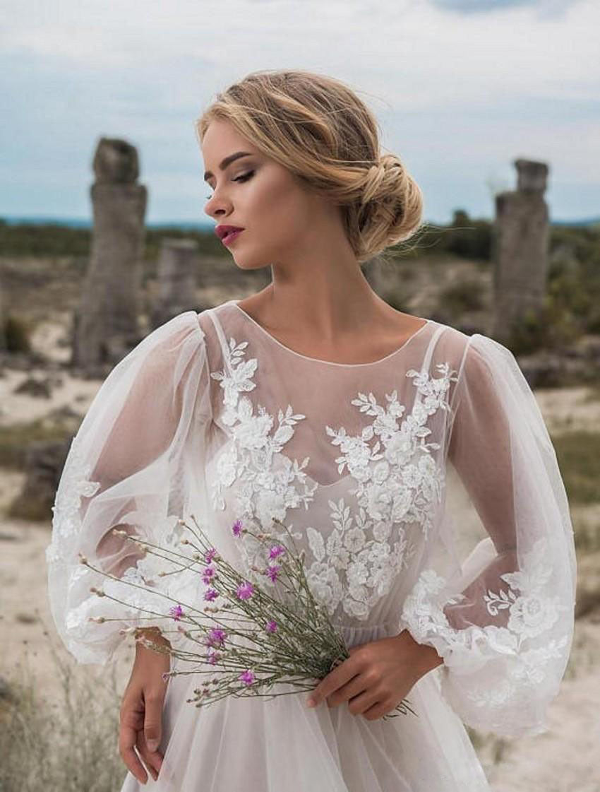 Puff-Sleeve Mesh Embroidered Wedding Dress
