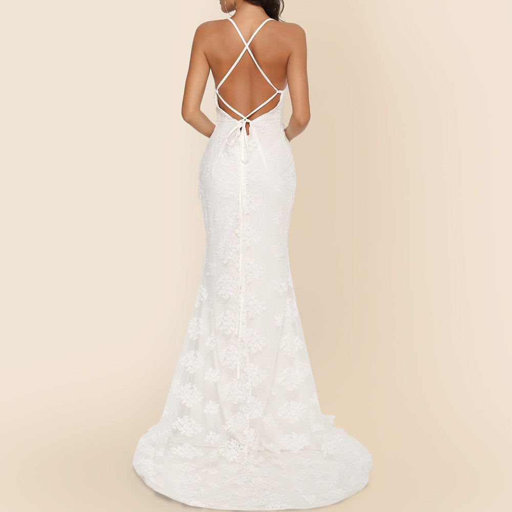 V-Neck Lace Wedding Dress with Train