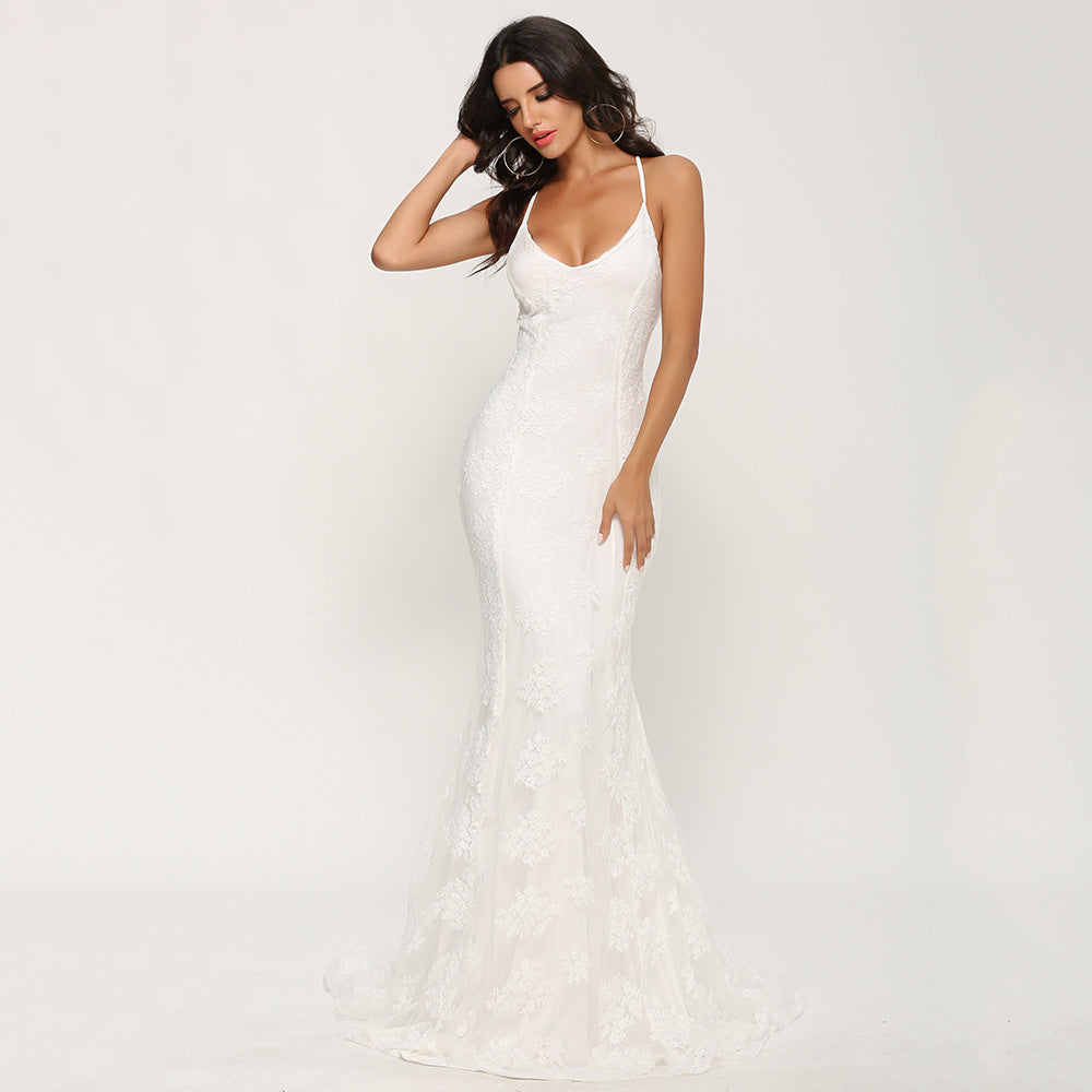 V-Neck Lace Wedding Dress with Train