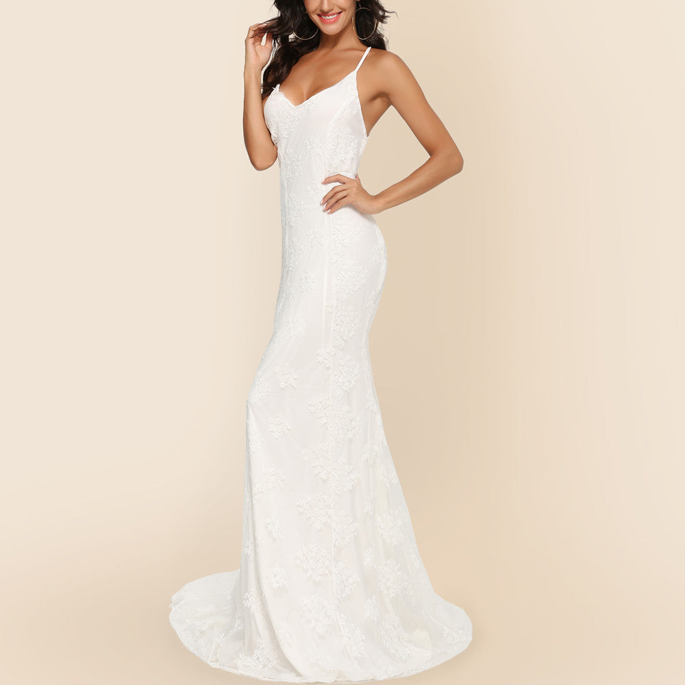 V-Neck Lace Wedding Dress with Train