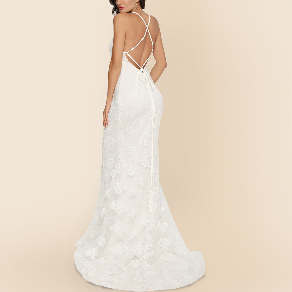 V-Neck Lace Wedding Dress with Train