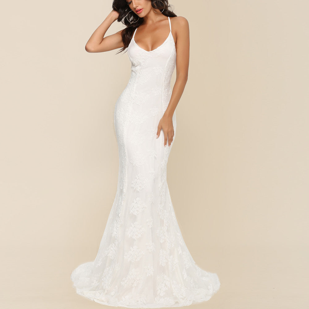 V-Neck Lace Wedding Dress with Train