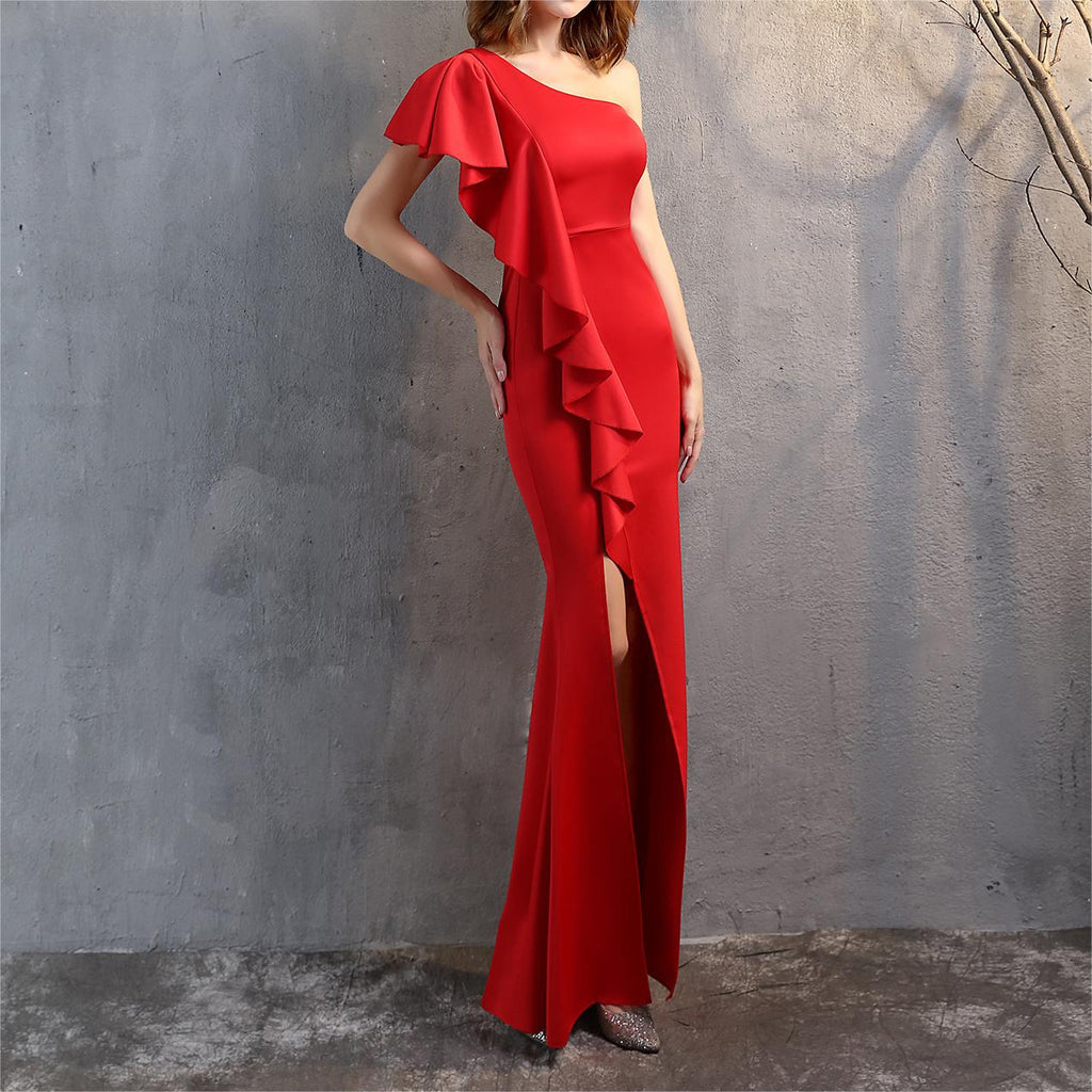 One-Shoulder Ruffle Fishtail Evening Gown