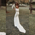 13056#Simple Off-Shoulder Elegant Short Sleeves Backless Wedding Dress Mermaid Buttons Sweep Train Soft Satin Bridal Gown - Luzilly Bridal & Apparel