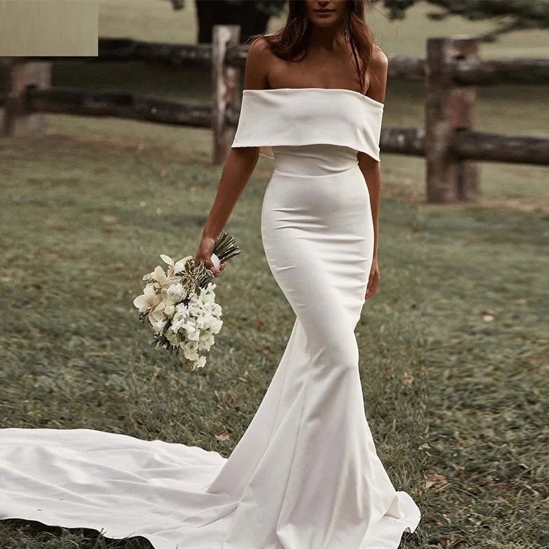 13056#Simple Off-Shoulder Elegant Short Sleeves Backless Wedding Dress Mermaid Buttons Sweep Train Soft Satin Bridal Gown - Luzilly Bridal & Apparel