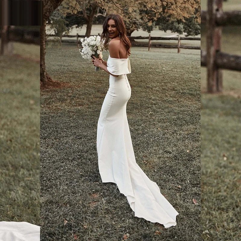 13056#Simple Off-Shoulder Elegant Short Sleeves Backless Wedding Dress Mermaid Buttons Sweep Train Soft Satin Bridal Gown - Luzilly Bridal & Apparel
