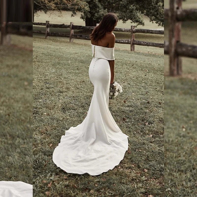 13056#Simple Off-Shoulder Elegant Short Sleeves Backless Wedding Dress Mermaid Buttons Sweep Train Soft Satin Bridal Gown - Luzilly Bridal & Apparel