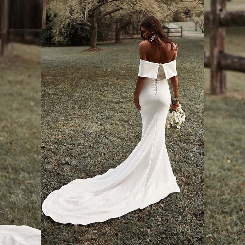 13056#Simple Off-Shoulder Elegant Short Sleeves Backless Wedding Dress Mermaid Buttons Sweep Train Soft Satin Bridal Gown - Luzilly Bridal & Apparel