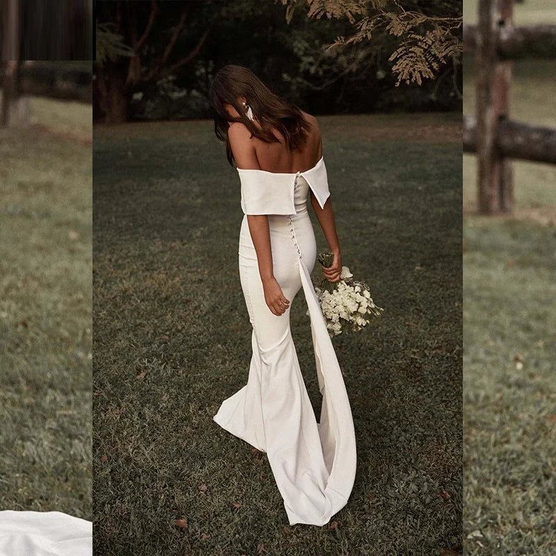13056#Simple Off-Shoulder Elegant Short Sleeves Backless Wedding Dress Mermaid Buttons Sweep Train Soft Satin Bridal Gown - Luzilly Bridal & Apparel