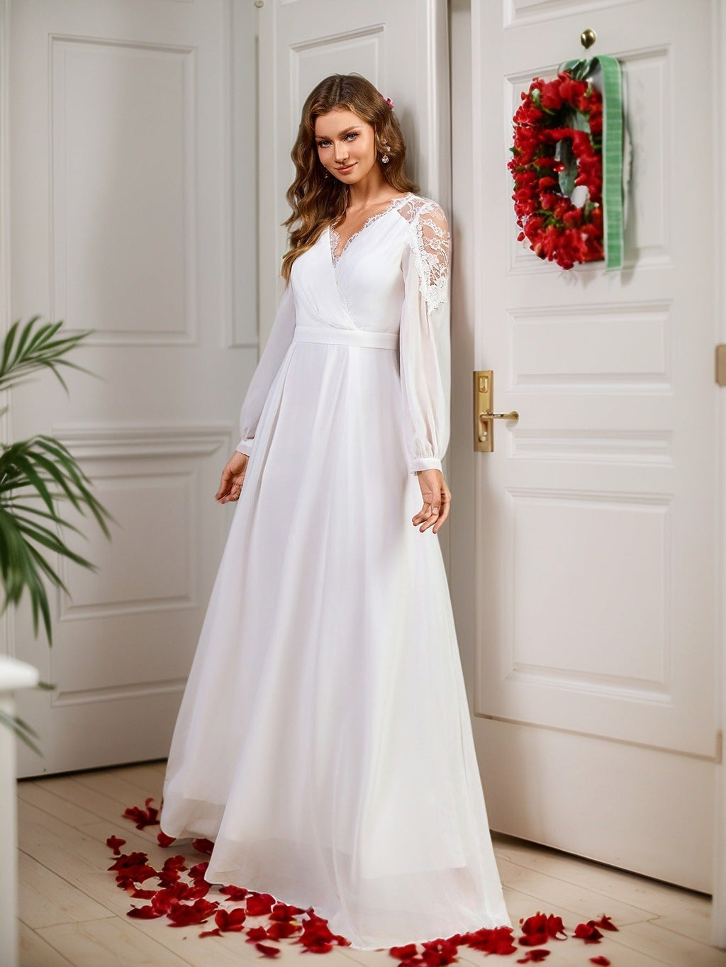 Long-Sleeve Lace Patchwork Evening Dress