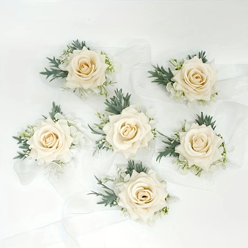 1/6PCS Rose Wedding Champagne Wrist Corsage And Boutonniere Set ForBride Bridesmaid Man Groom Rose Wedding Flowers Accessories - Luzilly Bridal & Apparel