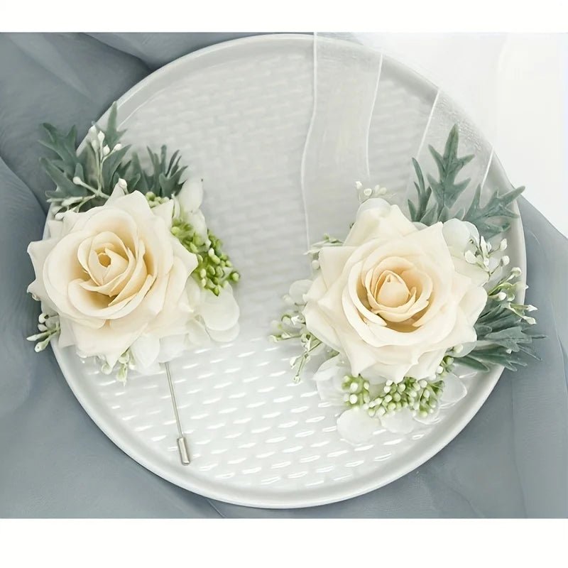 1/6PCS Rose Wedding Champagne Wrist Corsage And Boutonniere Set ForBride Bridesmaid Man Groom Rose Wedding Flowers Accessories - Luzilly Bridal & Apparel