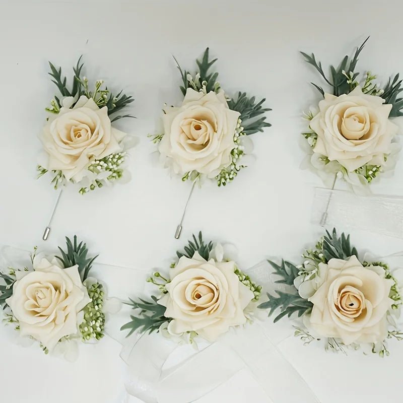 1/6PCS Rose Wedding Champagne Wrist Corsage And Boutonniere Set ForBride Bridesmaid Man Groom Rose Wedding Flowers Accessories - Luzilly Bridal & Apparel