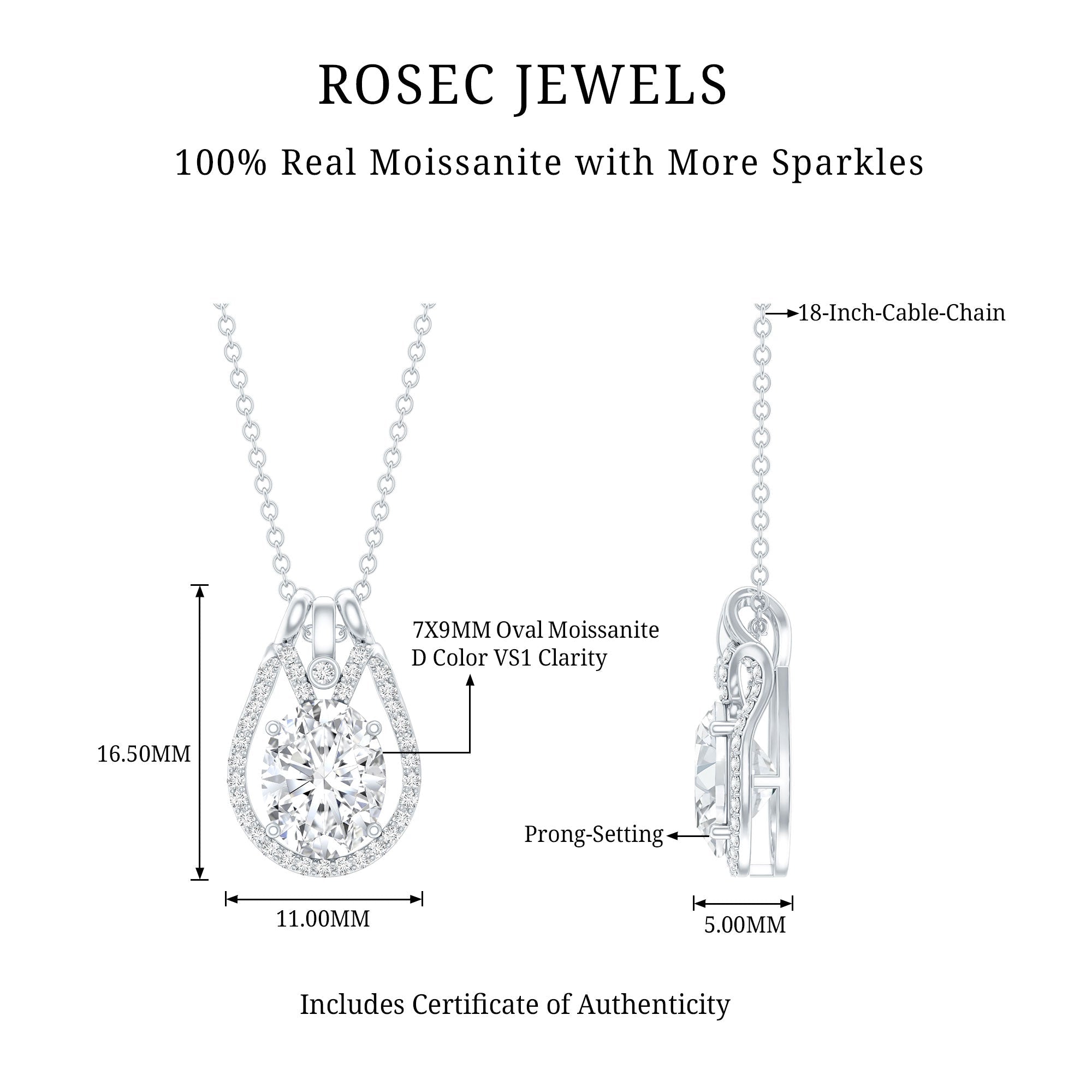 2 Carat Oval Cut Moissanite Drop Necklace For Wedding - Luzilly Bridal & Apparel
