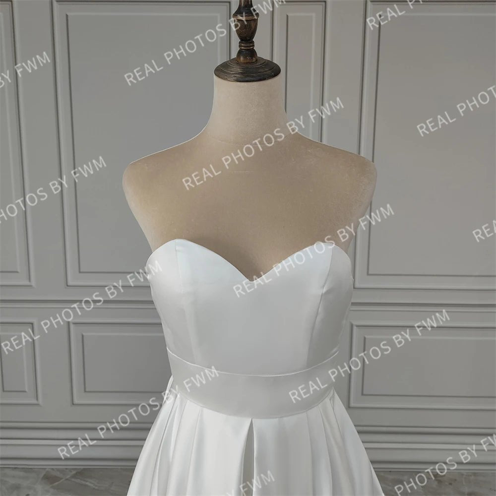 2-in-1 High-Low Boat-Neck Satin A-Line Wedding Dress with Pockets - Luzilly Bridal & Apparel