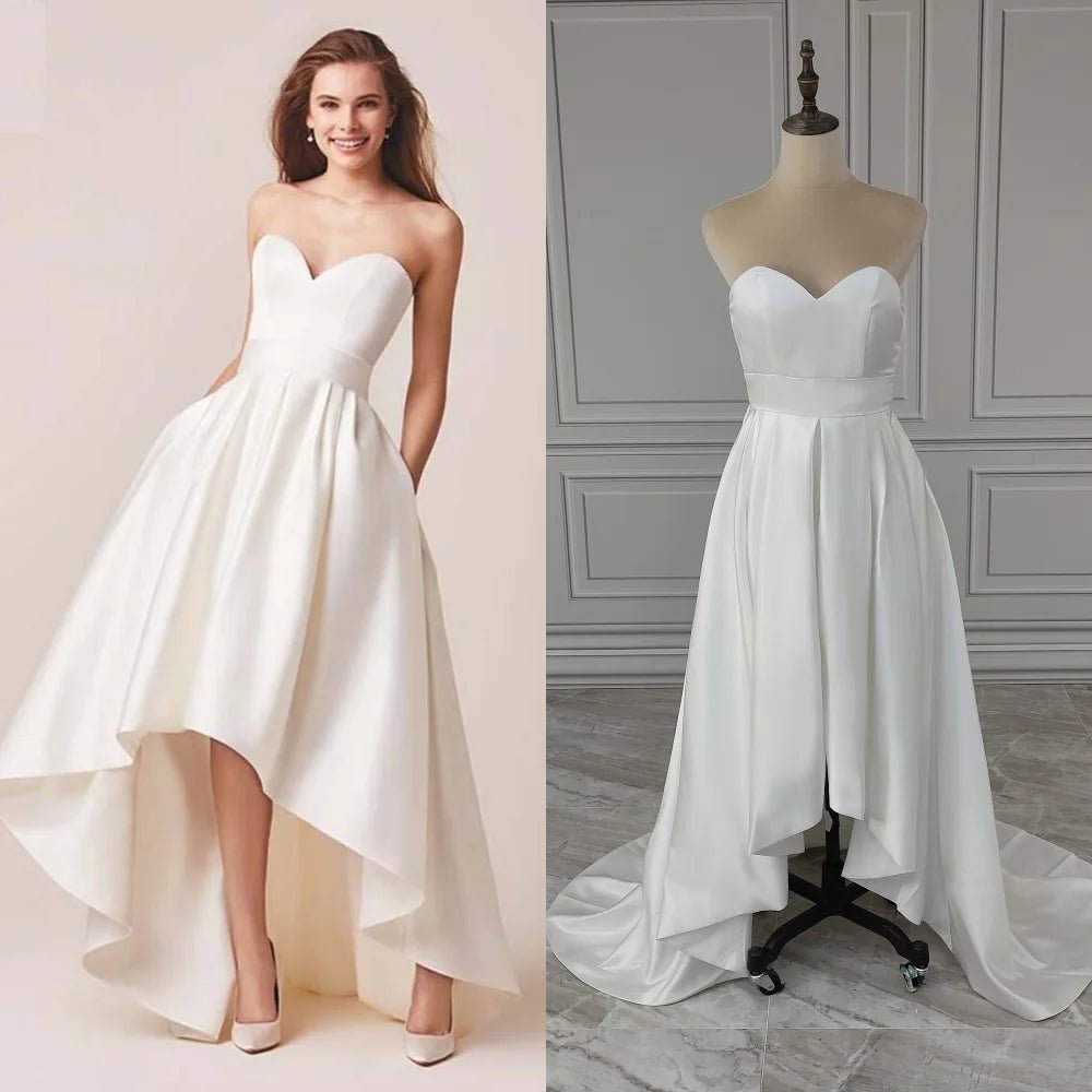 2-in-1 High-Low Boat-Neck Satin A-Line Wedding Dress with Pockets - Luzilly Bridal & Apparel