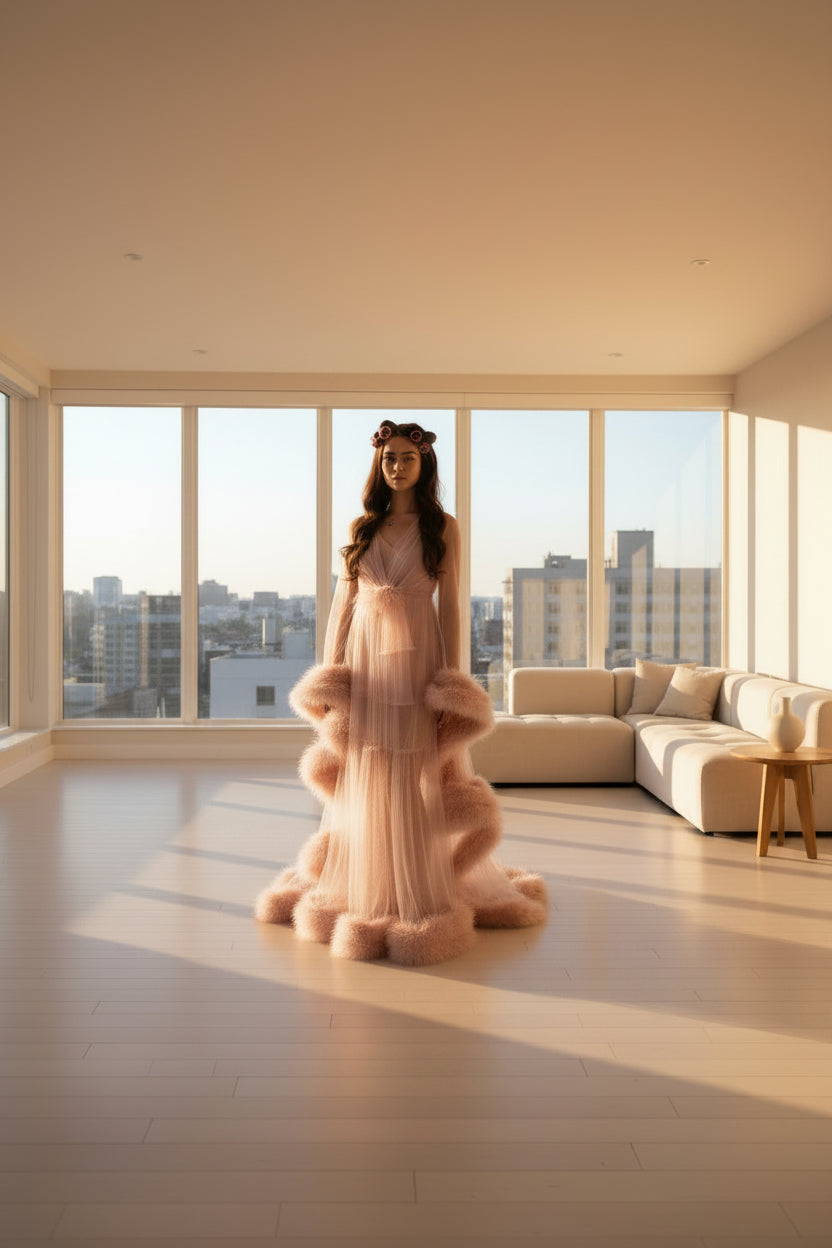 2-Layer Thick Feather Tulle Robe Set – Luxury Photoshoot / Holiday Glam Gown (Multi-Color) - Luzilly Bridal & Apparel
