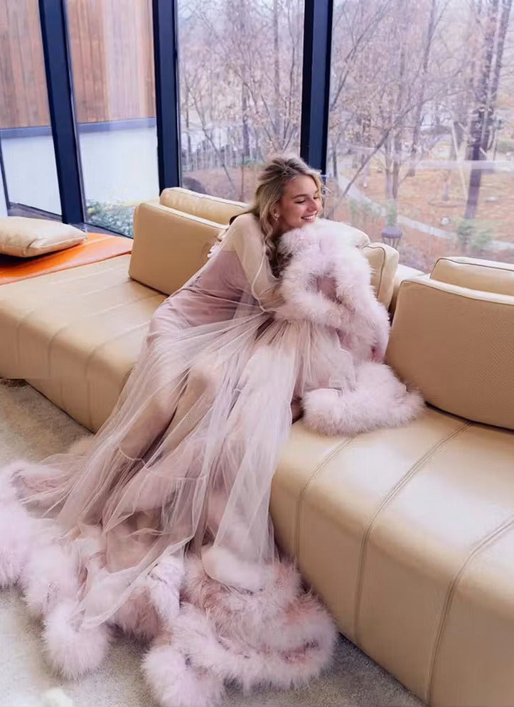 2-Layer Thick Feather Tulle Robe Set – Luxury Photoshoot / Holiday Glam Gown (Multi-Color) - Luzilly Bridal & Apparel
