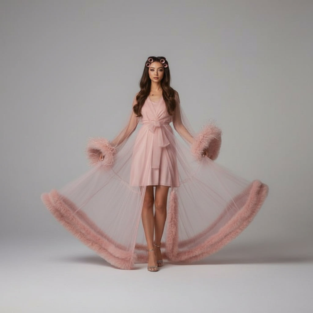 2-Layer Thick Feather Tulle Robe Set – Luxury Photoshoot / Holiday Glam Gown (Multi-Color) - Luzilly Bridal & Apparel