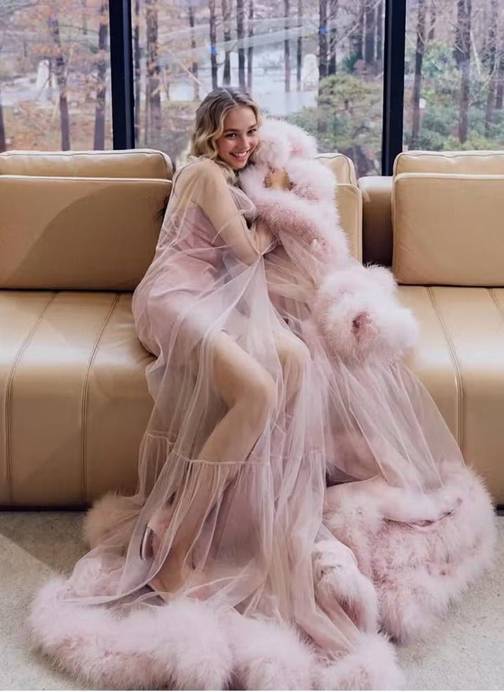 2-Layer Thick Feather Tulle Robe Set – Luxury Photoshoot / Holiday Glam Gown (Multi-Color) - Luzilly Bridal & Apparel