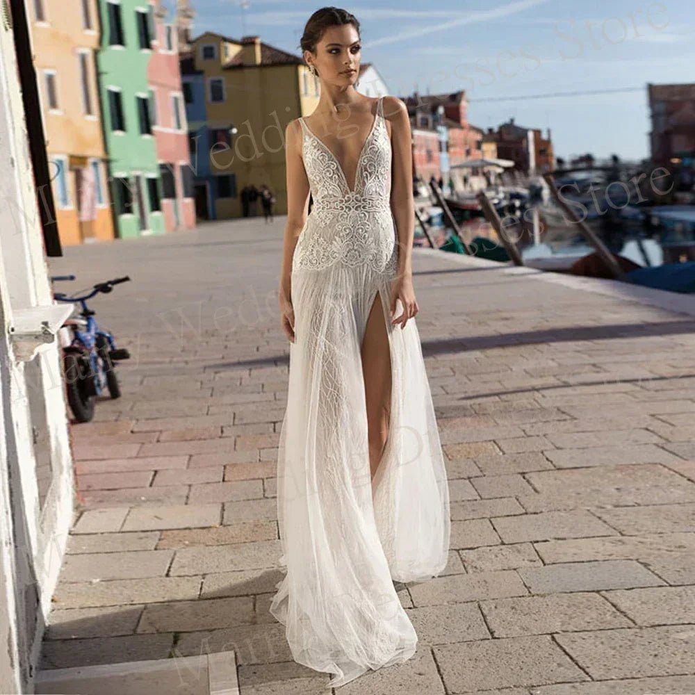 2024 Fascinating A Line Women's Wedding Dresses Pretty Appliques Lace Bride Gowns Sexy Deep V-Neck Side Split Vestidos De Novias - Luzilly Bridal & Apparel