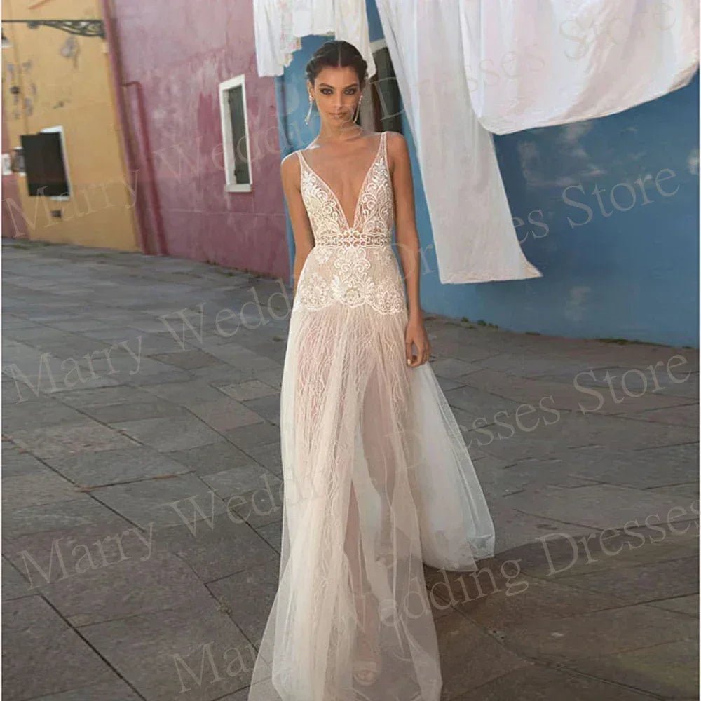 2024 Fascinating A Line Women's Wedding Dresses Pretty Appliques Lace Bride Gowns Sexy Deep V-Neck Side Split Vestidos De Novias - Luzilly Bridal & Apparel