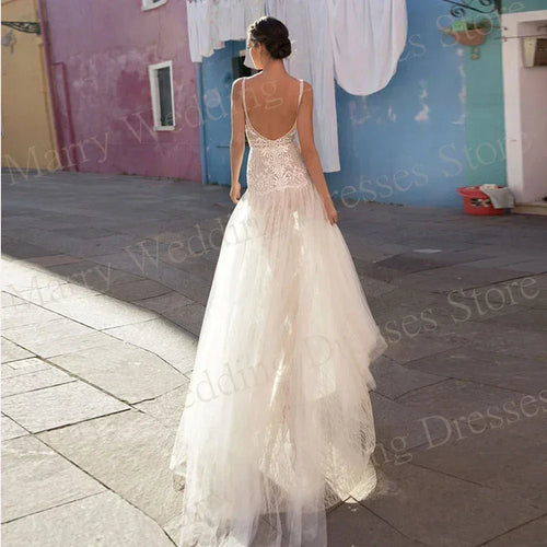 2024 Fascinating A Line Women's Wedding Dresses Pretty Appliques Lace Bride Gowns Sexy Deep V-Neck Side Split Vestidos De Novias - Luzilly Bridal & Apparel