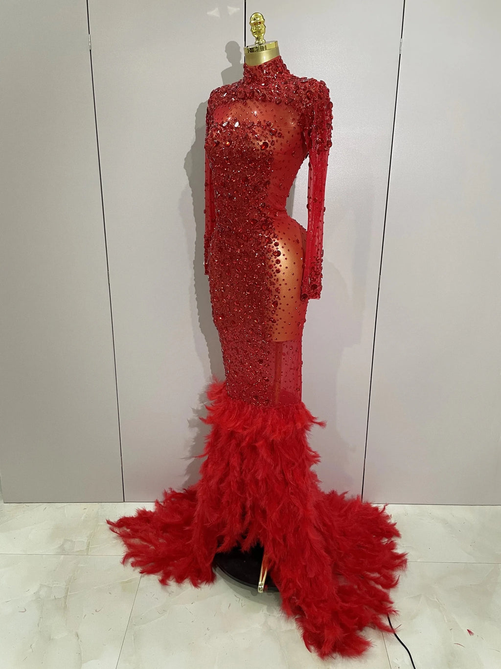 2025 New Sparkling Red Crystals Feathers Long Sleeve Mermaid Maxi Dress Women Wedding Celebrate Luxury Birthday Party Prom Gown - Luzilly Bridal & Apparel