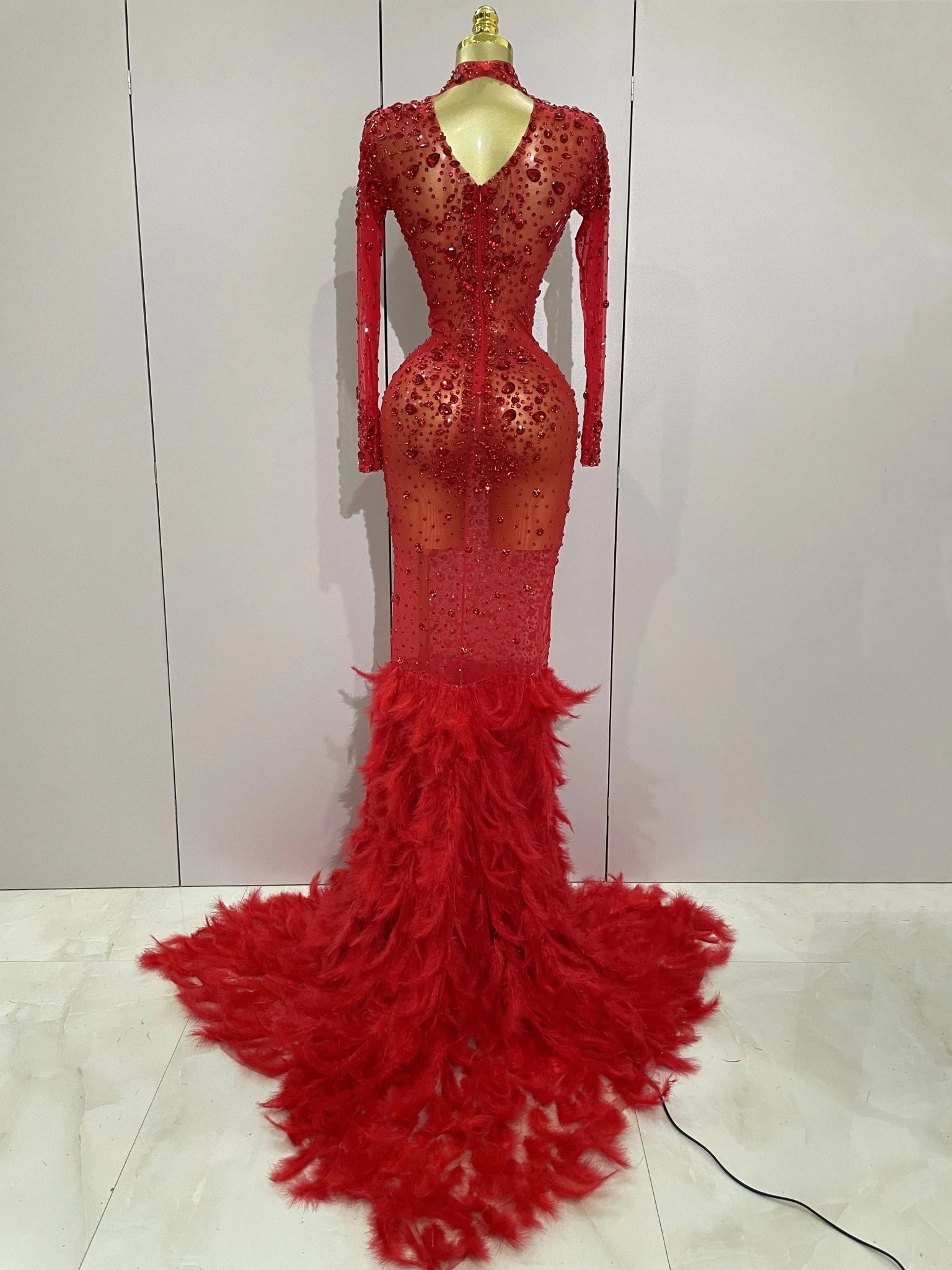 2025 New Sparkling Red Crystals Feathers Long Sleeve Mermaid Maxi Dress Women Wedding Celebrate Luxury Birthday Party Prom Gown - Luzilly Bridal & Apparel